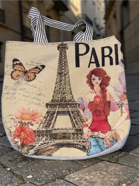 Handbags - Paris Eiffel Tower Butterfly Tapestry Canvas Shoulder Tote Bag Large Flora